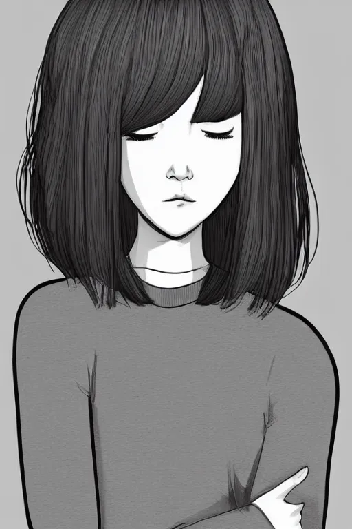 Prompt: portrait of a girl in long pants and a top, hands in pockets, eyes closed, bob haircut, digital art, black and white, lineart by roro kurotani