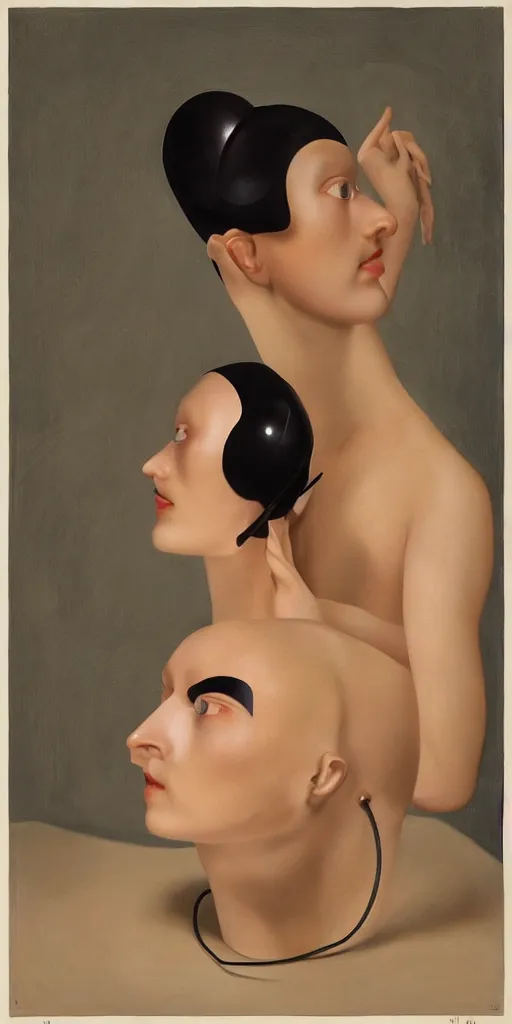 Prompt: a super intelligent computer being born out of the top of the head of a beautiful androgynous cyborg by john currin