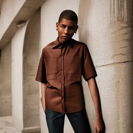 Image similar to realistic photoshooting for a new balenciaga lookbook color film photography portrait of a beautiful woman model, model wears a brown le papier'la chemise machou'shirt, photo in style of tyler mitchell