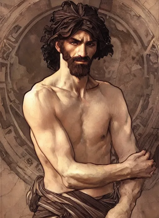 Prompt: ancient greek man, painted by artgerm and greg rutkowski and alphonse mucha. clear highly detailed face, beautiful art