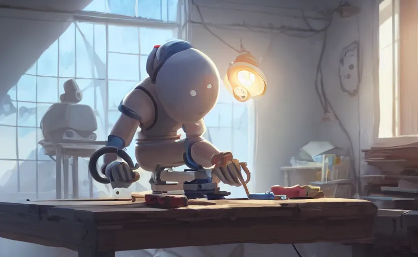 Prompt: a wholesome animation key shot of a carpenter fixing a broken robot that is on top of a table, medium shot, waist up, studio ghibli, pixar and disney animation, sharp, rendered in unreal engine 5, anime key art by greg rutkowski, bloom, dramatic lighting