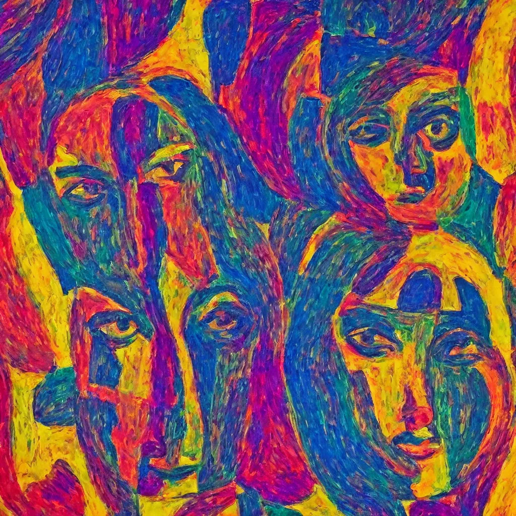 Prompt: surrealist painting of a goddess face looking directly into the camera multiplying to infinity, colorful, perfect symmetry, 8 k, award winning