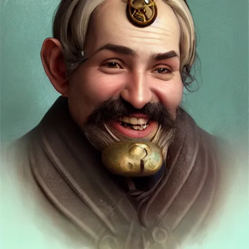 Image similar to vintage portrait of a smiling steampunk male gnome with big nose, highly detailed, digital painting, art by Stanley Lau and Artgerm and magali villeneuve and Alphonse Mucha, artstation, octane render, cgsociety, 1800, vintage photo