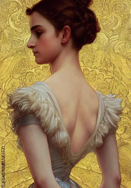 Image similar to sansa emma watson in ballroom, intricate, elegant, highly detailed, digital painting, artstation, concept art, smooth, sharp focus, illustration, art by artgerm and greg rutkowski and alphonse mucha and william - adolphe bouguereau