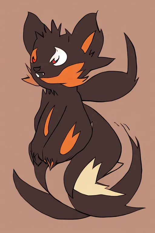 Image similar to zorua pokemon, stylised fox - like appearance, black and auburn colour pallet, thick furry neck and chest fluff, stylised 🖌 - like hair, pokemon concept art with multiple angles, super detailed, clean lines, digital art