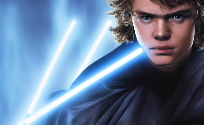 Prompt: a portrait of anakin skywalker looking firmly into the camera, wielding a blue lightsaber, detailed, cinematic, raytracing, realistic, detailed, cinematic, raytracing, realistic