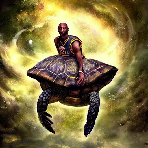 Image similar to kobe bryant riding on a turtle in heaven, amazing digital art, amazing detail, fantasy art, artstatiom, cgsociety, epic art