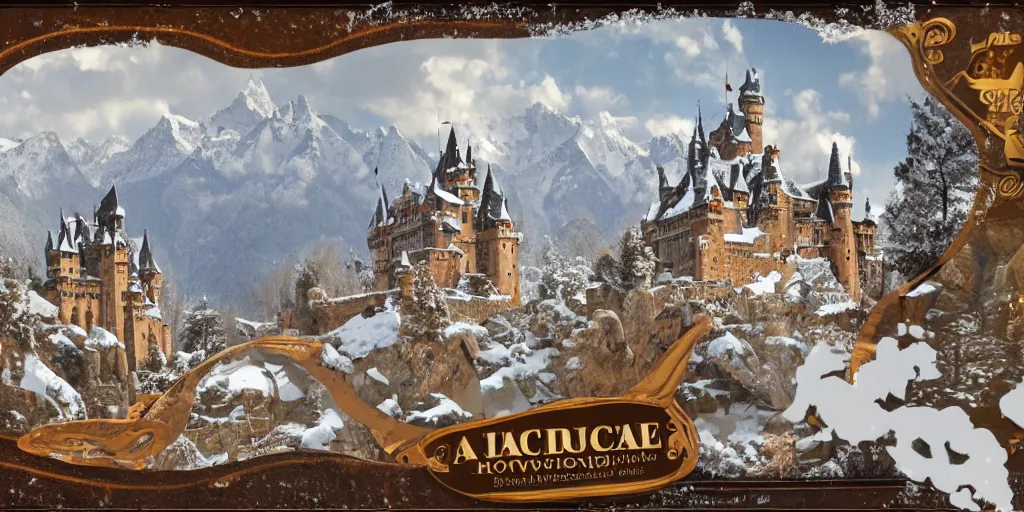 Prompt: a large castle amidst snowy mountain tops,lots of details,bridges,impossible,landscape,beautiful,pizza