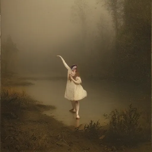 Prompt: girl dancing in front of a river, alone in the wilderness, foggy, misty morning, early spring, boreal forest, 19th century,