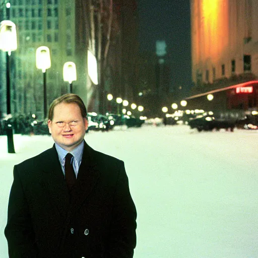 Prompt: 1 9 9 8 andy richter wearing a black wool coat and necktie standing on the streets of chicago at night in winter, holding shopping bags, dynamic lighting, holiday season.