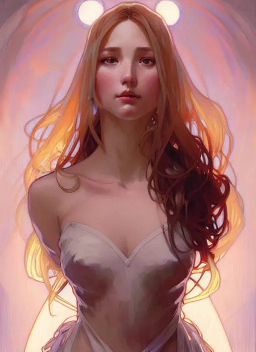 Image similar to digital character concept art by artgerm, by greg rutkowski, by alphonse mucha. clear portrait of a shy modern wife blessed by god to grow immaculately fertile and perfect!! blonde, in clothes! holy body! light effect. hyper detailed, glowing lights!! intricate, elegant, digital painting, artstation, smooth, sharp focus