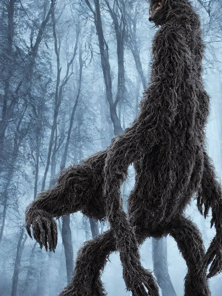 Image similar to standing photorealistic detailed tall skinny humanoid creature with fur, the woods, night, extremly detailed, 8 k, realistic, sharp focus, cosmic horror creature, cosmic horror, from the movie the thing