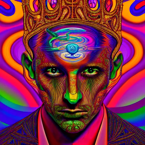 Image similar to An extremely psychedelic portrait of a King, surreal, LSD, face, detailed, intricate, elegant, lithe, highly detailed, digital painting, artstation, concept art, smooth, sharp focus, illustration