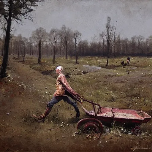 Image similar to painting by jakub rozalski of a person walking with a wheelbarrow in an abandoned post soviet town infested with root monsters