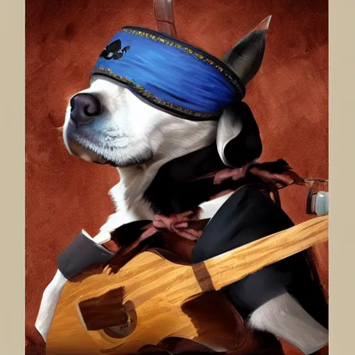 Image similar to dog as a pirate playing on guitar, digital art, artstation, high detalied,