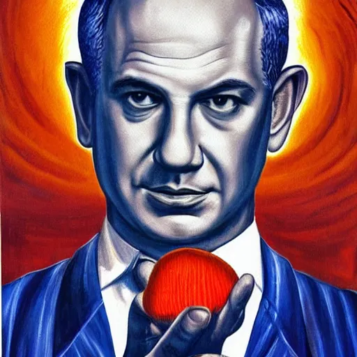 Image similar to painting of benjamin netanyahu holding a mushroom, cinematic composition, trippy, sharp focus, by alex grey