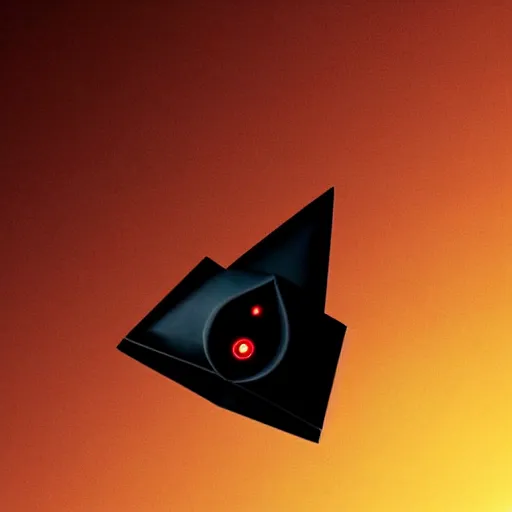 Prompt: a black triangular spaceship with red lights hovering over a planet