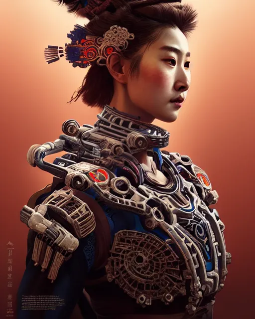 Image similar to portrait of a machine from horizon zero dawn, machine face, upper body, decorated with chinese opera motifs, asian, traditional chinese art, intricate, elegant, highly detailed, digital painting, artstation, concept art, smooth, sharp focus, illustration, art by artgerm and greg rutkowski and alphonse mucha, 8 k