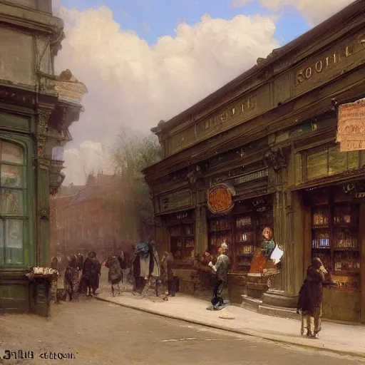 Image similar to jean-Baptiste Monge and Solomon Joseph Solomon and Richard Schmid and Jeremy Lipking victorian genre painting painting of an english 19th century english bookshop store front on a stone city streat with shops and stores