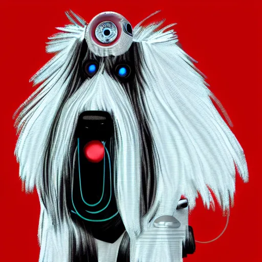 Image similar to robotic bearded collie that's a robot. digital art. fetch. arf.