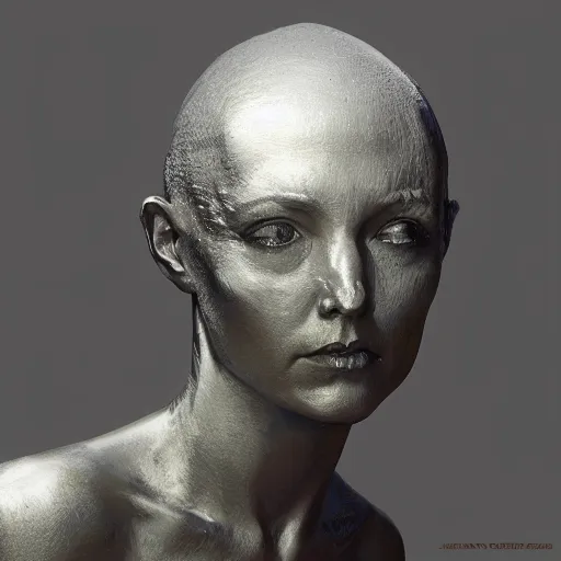 Prompt: bald silver woman statue, wearing a crown, 3 / 4 view face, john howe, greg rutkowski