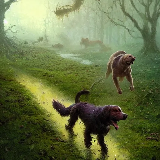 Prompt: Dogs running from a Overpopulated Moss Monster by Greg Rutkowski and Thomas Kinkade