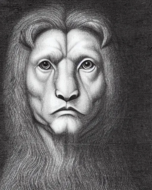 Prompt: four of an eagle, face of an lion, face of an ox, face of an human, on one creature. drawn by da vinci