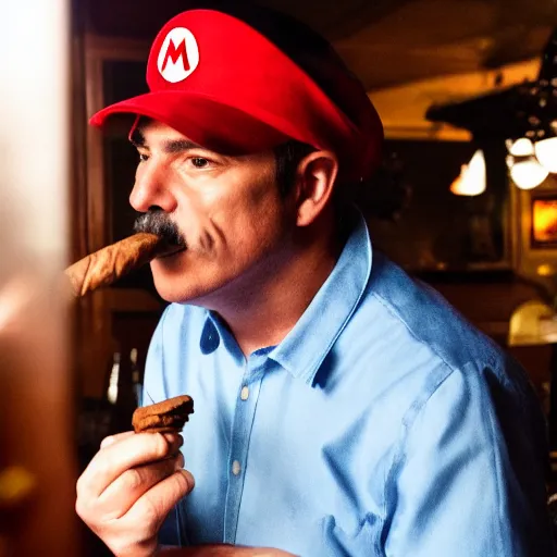 Prompt: Mario smoking a cigar, at a bar, dramatic lighting, 8k