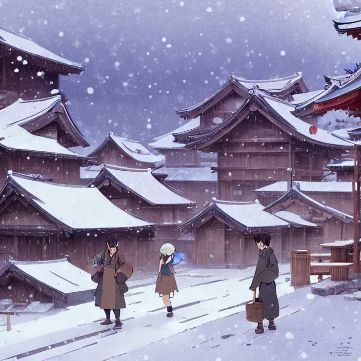 Image similar to japanese rural town, no people, winter, in the style of studio ghibli, j. c. leyendecker, greg rutkowski, artem