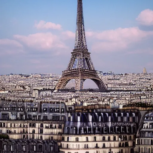 Image similar to clay pot overlooking paris eiffel tower, light pastel blue sky and clouds in the background, softly - lit, soft - warm, zen, light, modern minimalist f 2 0 clean