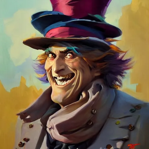 Image similar to greg manchess portrait painting of partially armored mad hatter from alice in wonderland as overwatch character, wacky, medium shot, asymmetrical, profile picture, organic painting, sunny day, matte painting, bold shapes, hard edges, street art, trending on artstation, by huang guangjian and gil elvgren and jesper ejsing