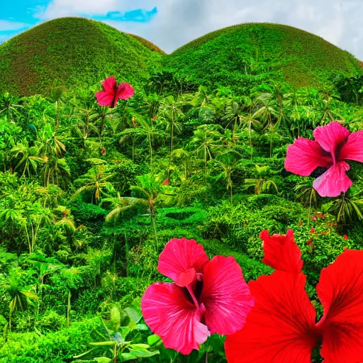 Prompt: an elaborate hibiscus garden in the middle of the Chocolate Hills, Bohol, detailed photograph, 4k