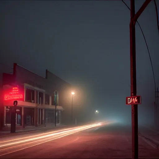 Image similar to A stunningly beautiful award-winning down angle 8K high angle cinematic movie photograph of a dark foggy main intersection in an abandoned 1950s small town at night, by David Fincher and Darius Khonji, cinematic lighting, perfect composition, moody low key volumetric light. Color palette from Seven, greens yellows and reds. 2 point perspective, high angle from 15 feet off the ground. Octane render
