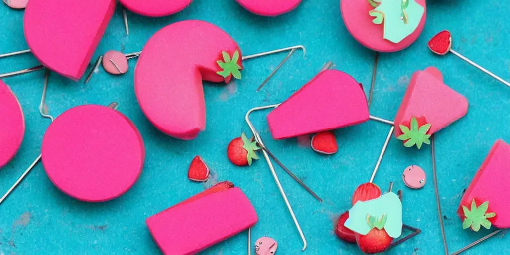 Image similar to hundreds of colorful pins stuck in a piece of pink strawberry cake