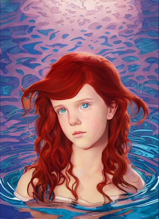 Image similar to well - lit art nouveau portrait of a 1 3 - year old girl who resembles millie bobby brown with red hair looking worried under water, natural lighting, path traced, highly detailed, high quality, cartoon, digital painting, by don bluth and ross tran and studio ghibli