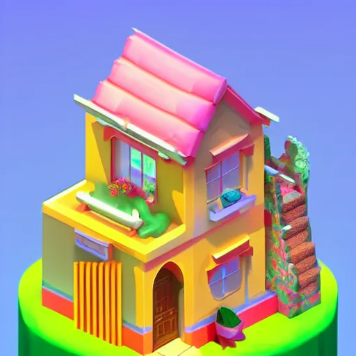 Prompt: Isometric 3D Fantasy Cute House, very coherent, very realistic, no background, 4k, 3D character, very colourful, cinematic lighting, soft neon, CGI render, trending on Behance