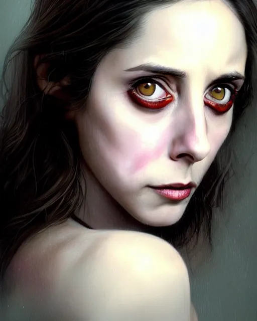 Image similar to gorgeous female Alison Brie, horror movie slasher, slasher movie, realistic character concept, violent pose, creepy smile, shorter neck, illustration, symmetrical face and body, realistic eyes, cinematic lighting, hyperdetailed, detailed realistic symmetrical eyes, face by artgerm, symmetrical nose, Tom Bagshaw, single face, insanely detailed and intricate, beautiful, elegant, dark living room background