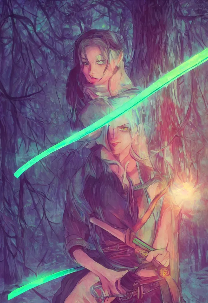 Image similar to , woman with illuminated neon katana in the forest at night, closeup , digital effects fantasy ,digital art, illustration, award winning, professional, stylized, cel shaded