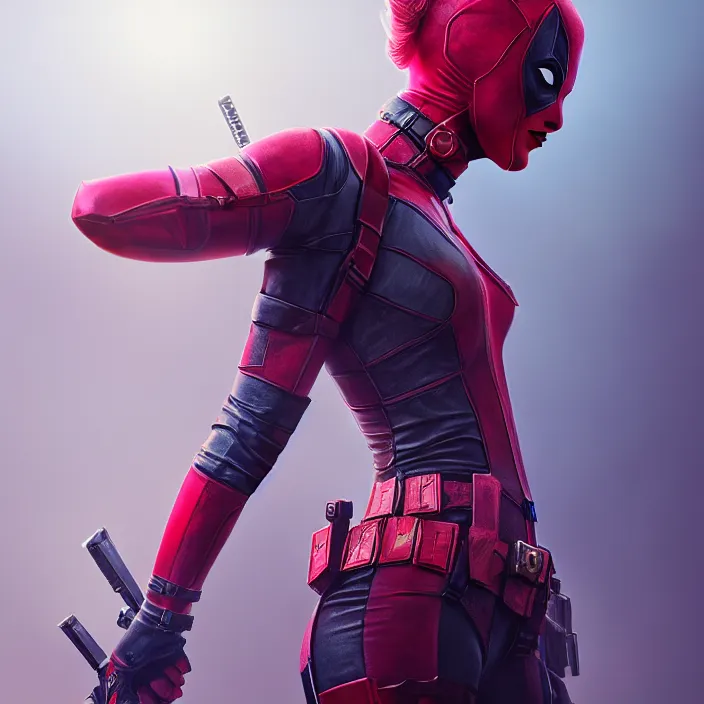 Image similar to taylor swift as lady deadpool. intricate abstract. intricate artwork. by tooth wu, wlop, beeple, dan mumford. octane render, trending on artstation, greg rutkowski very coherent symmetrical artwork. cinematic, hyper realism, high detail, octane render, 8 k, iridescent accents