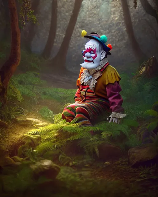 Image similar to old clown in enchanted forest, prismatic highlights, atmosphere, gorgeous, depth of field, cinematic, macro, concept art, 50mm, artstation, wlop, elegant, epic, weta digital, focus, octane render, v-ray, 8k, kodak portra, art by Asaf Hanuka