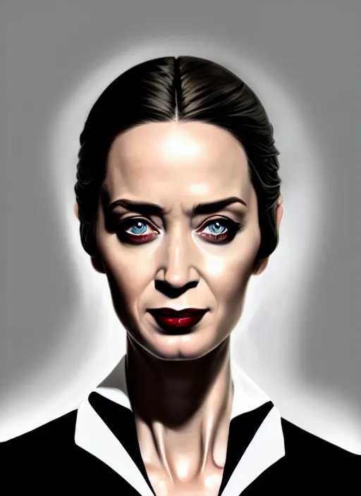 Prompt: portrait of emily blunt with cat eyes, as business woman, black suit, white shirt, black tie, intricate, headshot, highly detailed, digital painting, artstation, concept art, sharp focus, cinematic lighting, illustration, art by artgerm and greg rutkowski, alphonse mucha, cgsociety