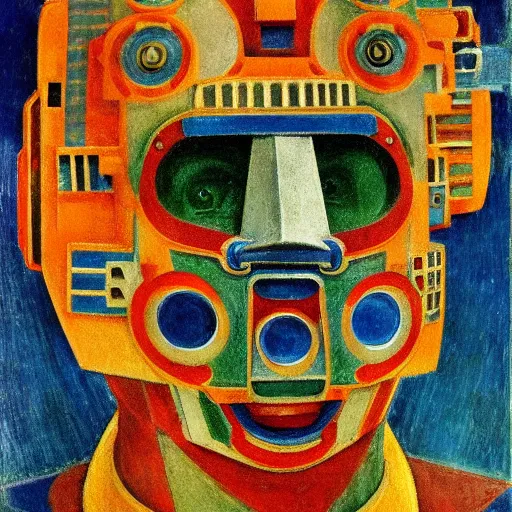 Image similar to head of a robot wearing a mask made of enamelled flowers, by annie swynnerton and edward hopper and jean delville and john watkiss and rufino tamayo, art deco shaman, stylized geometric flowers, art brut, symbolist, dramatic lighting, god rays, clean crisp graphics, smooth sharp focus, extremely detailed, adolf wolfli