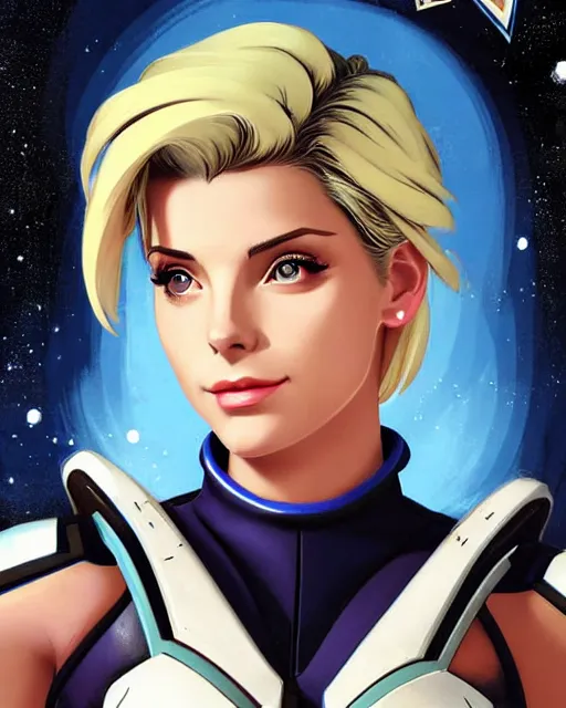 Prompt: mercy from overwatch, ashley greene's face combined with grace kelly's face, in space, character portrait, portrait, close up, concept art, intricate details, highly detailed, vintage sci - fi poster, retro future, vintage sci - fi art, vintage, in the style of chris foss, rodger dean, moebius, michael whelan, and gustave dore