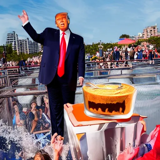 Prompt: donald trump slamming pudding onto citizens, citizens soaked with pudding, golden hour, boardwalk, professional photography