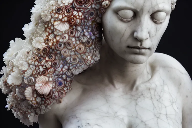 Image similar to the long shot of sculpture of a beautiful woman with flowing tears, fractal flowers on the skin, intricate, a marble sculpture by nicola samori, behance, neo - expressionism, marble sculpture, made of mist, still frame from the prometheus movie by ridley scott with cinematogrophy of christopher doyle, arri alexa, anamorphic bokeh, 8 k