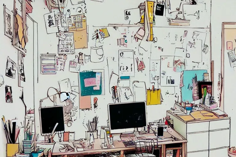 Image similar to messy office, style of studio ghibli + moebius + basquiat, cute, clean lines