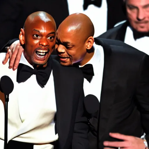 Image similar to wide-angle photo of Dave Chappelle slapping Will Smith at the Oscars, highly detailed, 8k, sharp focus, TMZ award winning photo