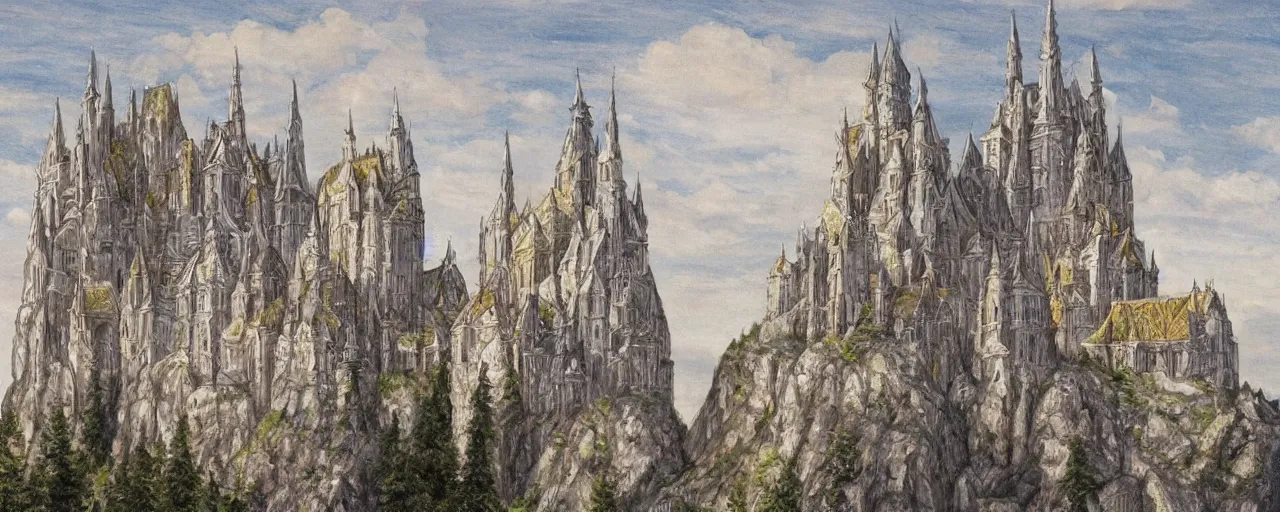 Prompt: white monastery with large tower upon sheer lime cliffs, a ray of sun illuminating, drawn with crayons, high fantasy, extremely detailed