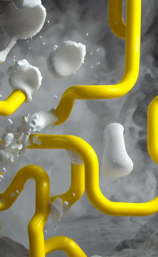 Image similar to photo of liquid nitrogen with yellow water-cooling coolant flowing through latent representations of yellow ice caverns undergoing centrifugal forces, computer circuitry sticking out the walls!!!!, high detail, high contrast!, low-poly elements!!!, 4k