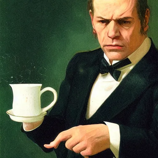 Prompt: boss senator stephen armstrong from the game metal gear solid holds a small porcelain cup with tea from which steam comes out, romanticism style, detailed facial proportions
